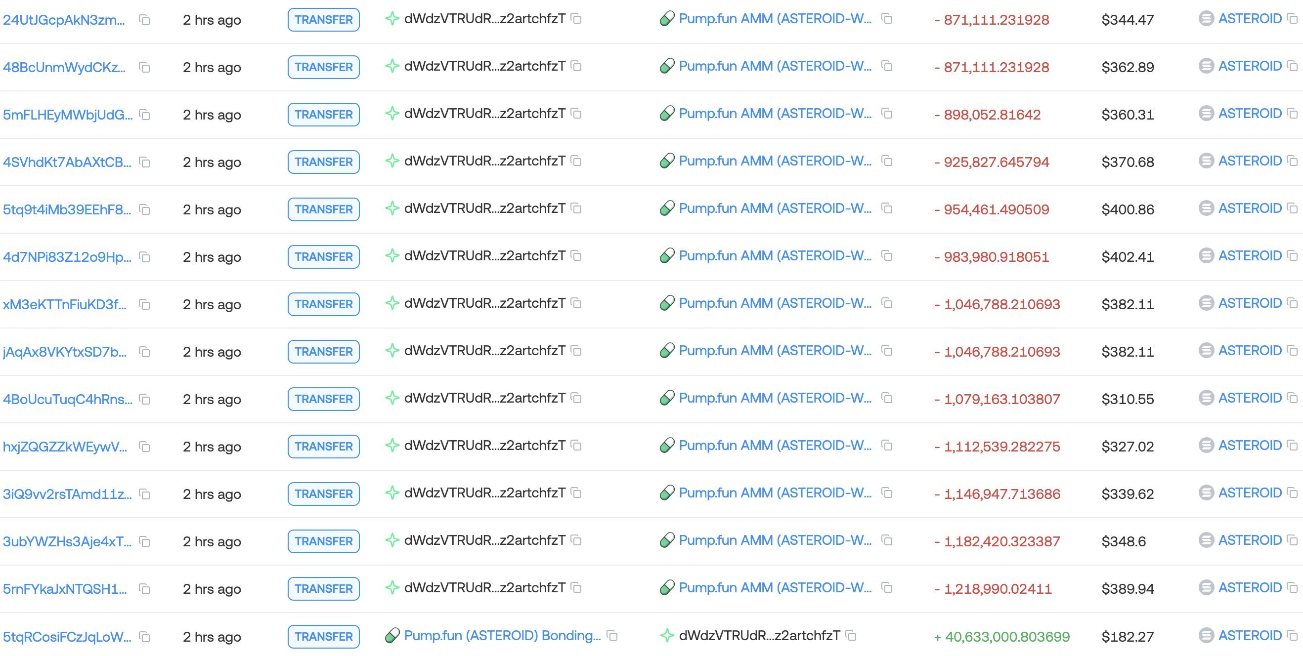 Список транзакций криптокошелька с крупными переводами токена ASTEROID на платформе Pump.fun