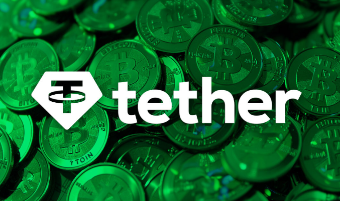 Логотип Tether на фоне Bitcoin