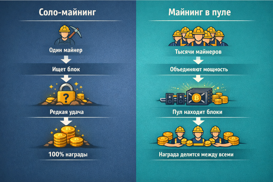 Сравнение добычи Bitcoin в соло-майнинг и в пуле