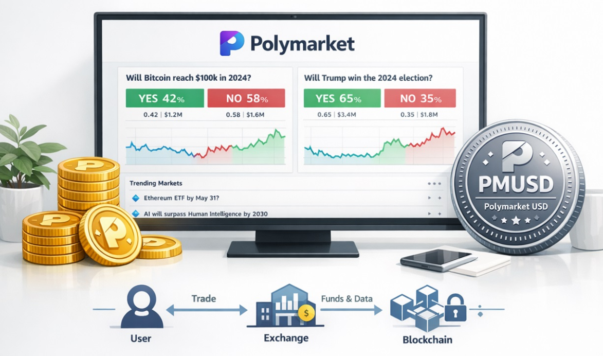 Интерфейс Polymarket с внутренними продуктами: Рolymarket USD, платформа, блокчейн