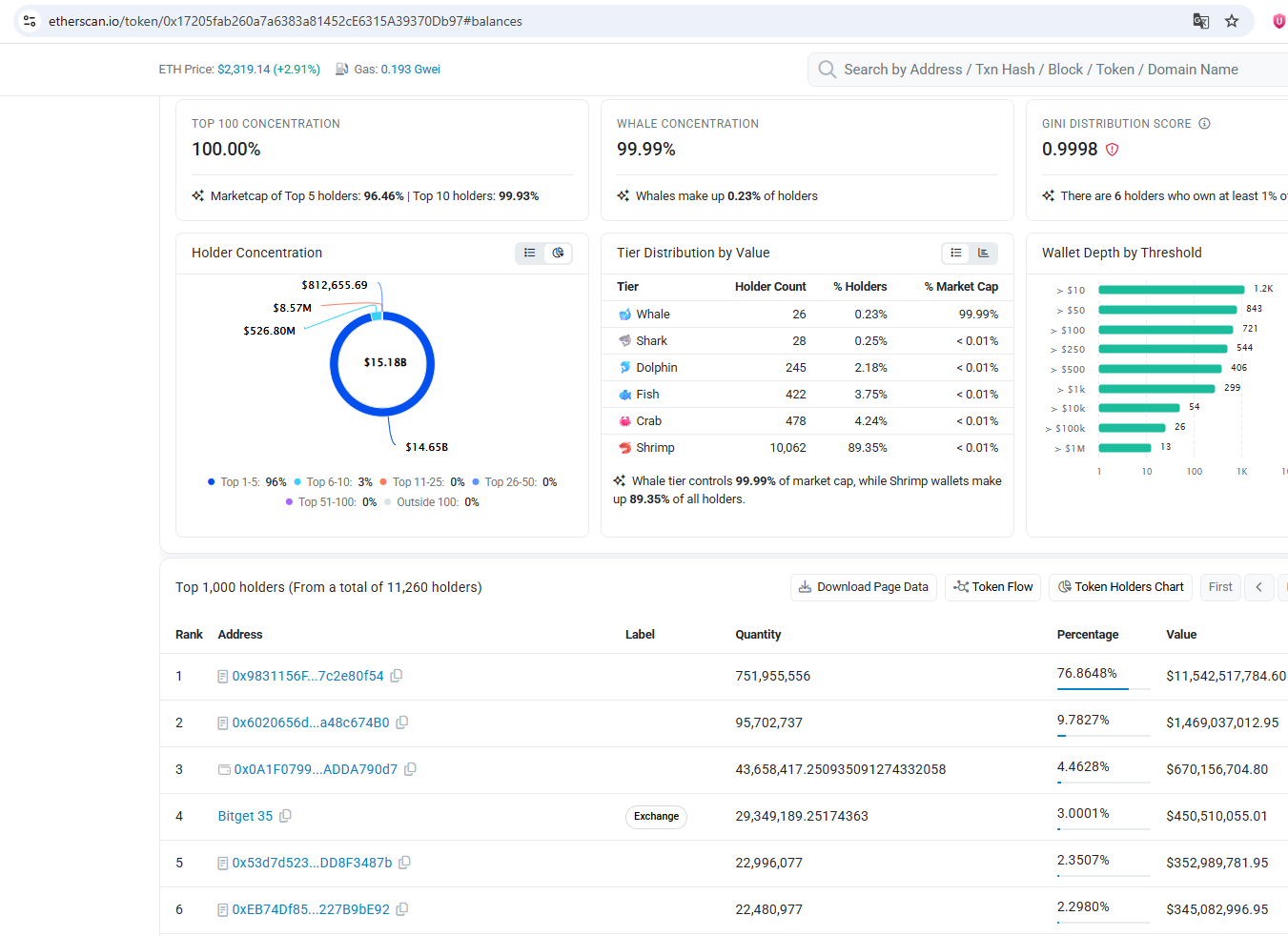 Анализ токена Rave на Etherscan с высокой концентрацией крупных кошельков