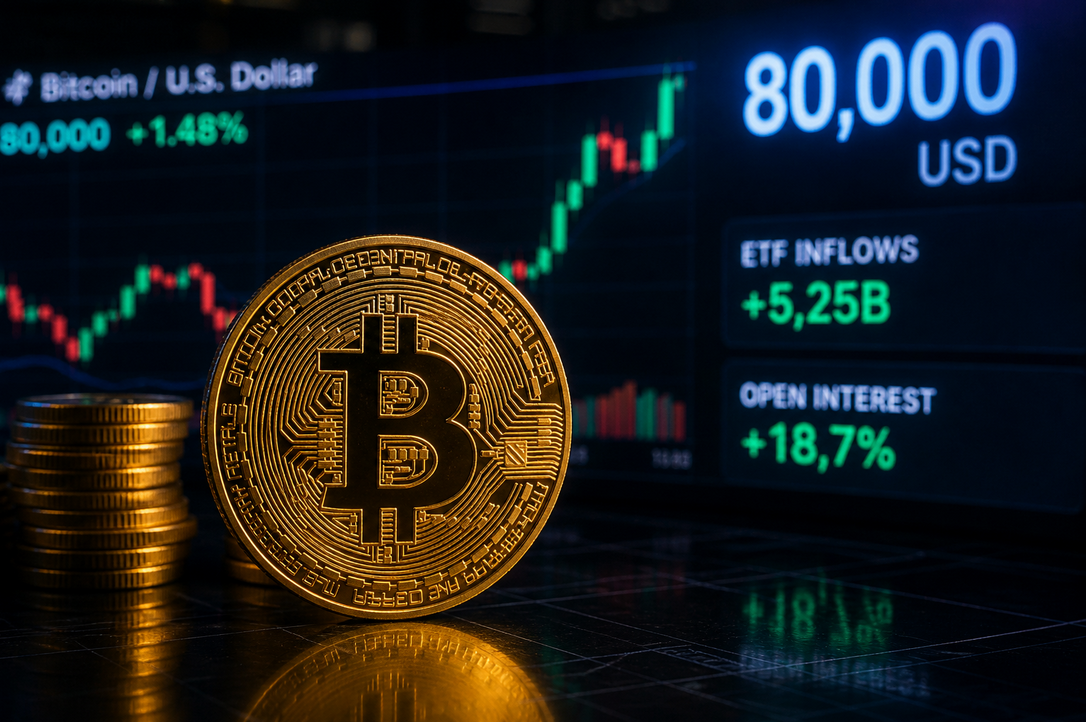 Биткоин вернулся к 80 000 долларов за счет ETF и кредитного плеча