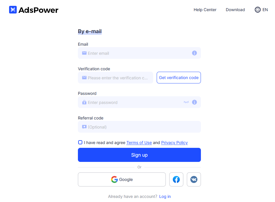 Регистрируемся и скачиваем adspower