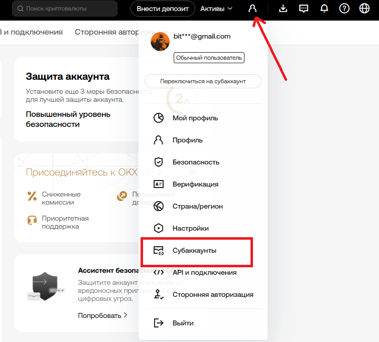 Создание субаккаунта в профиле биржи OKX