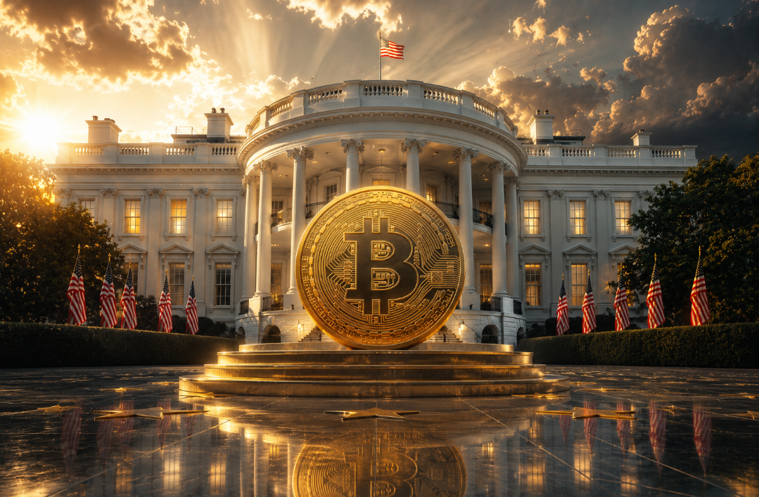 Биткоин на фоне Белого дома как символ победы