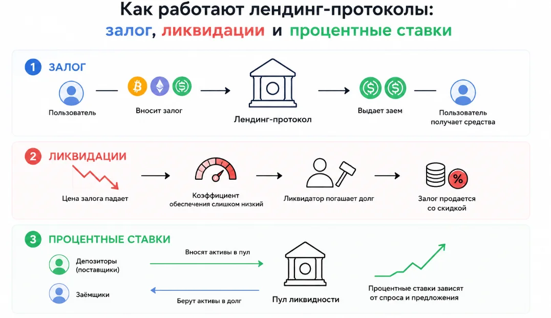 Лендинг-протоколы: залог, проценты и ликвидации в DeFi