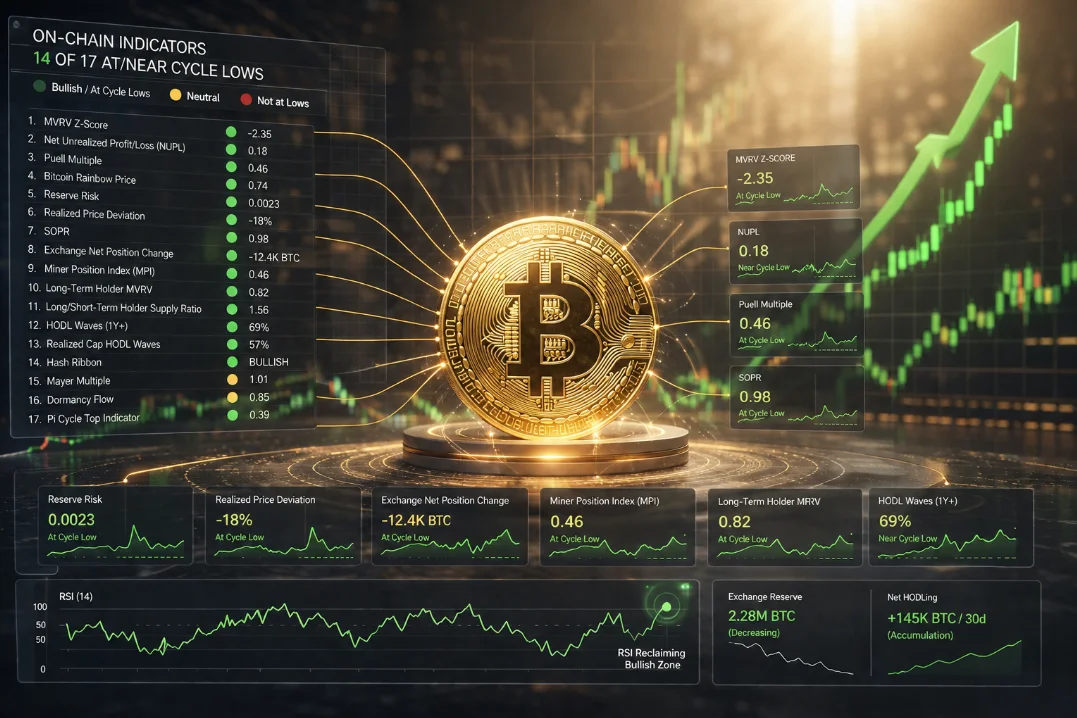 14 из 17 ончейн-индикаторов сигнализируют о дне Биткоина