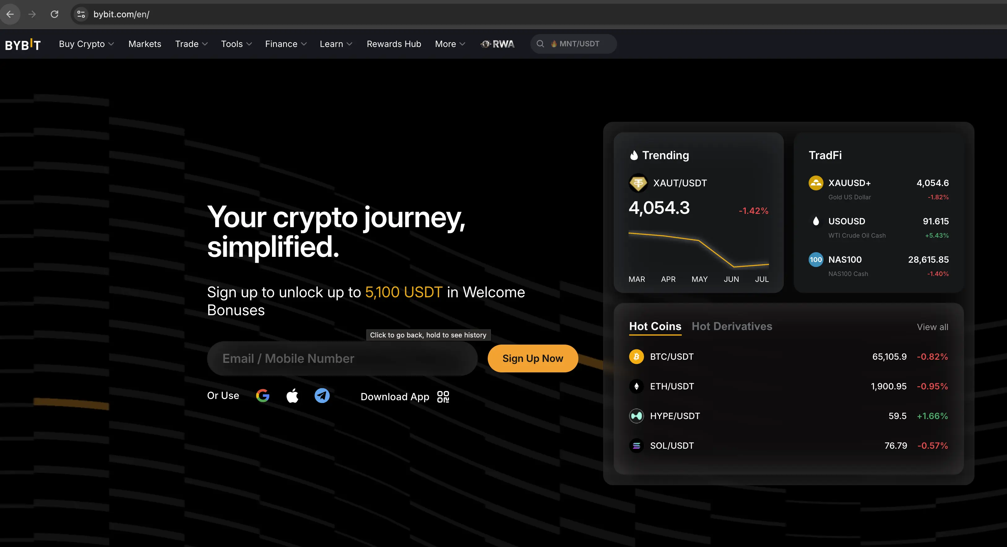 главная страница биржи Bybit