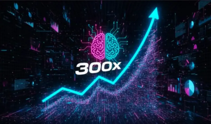 Цифровая иллюстрация роста: график с восходящей стрелкой, надпись “300x” на фоне данных