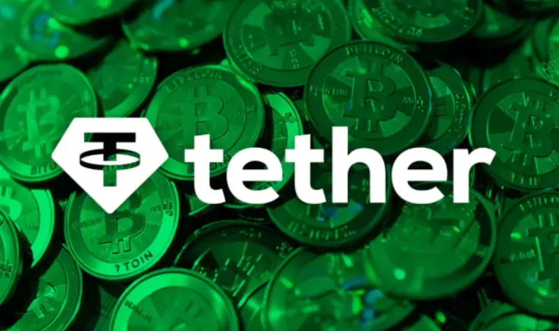 Логотип Tether на фоне Bitcoin